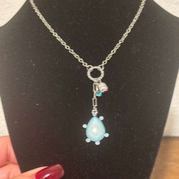 Emberly Elegant Silver Tone Necklace with Teardrop Blue Pendant - Picture 2 of 8